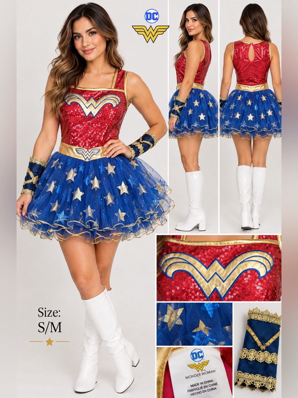 Rubie's DC Wonder Woman Girls Costume Dress S/M Red Blue Gold Sequin Halloween